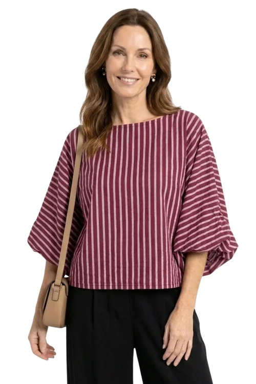 Bluzka damska bordowa w paski nietoperz oversize 100% bawełna Italy