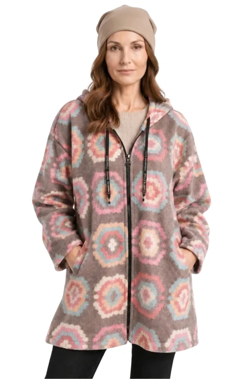 Narzutka damska beżowa we wzory z kapturem 80% wełna Italy