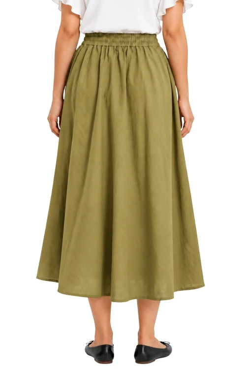 Spódnica damska oliwkowa midi rozkloszowana one size Made in Italy