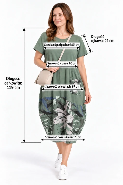 Sukienka damska khaki bawełniana w kwiaty oversize Made in Italy