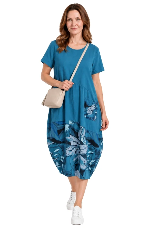 Sukienka damska morska bawełniana w kwiaty oversize Made in Italy