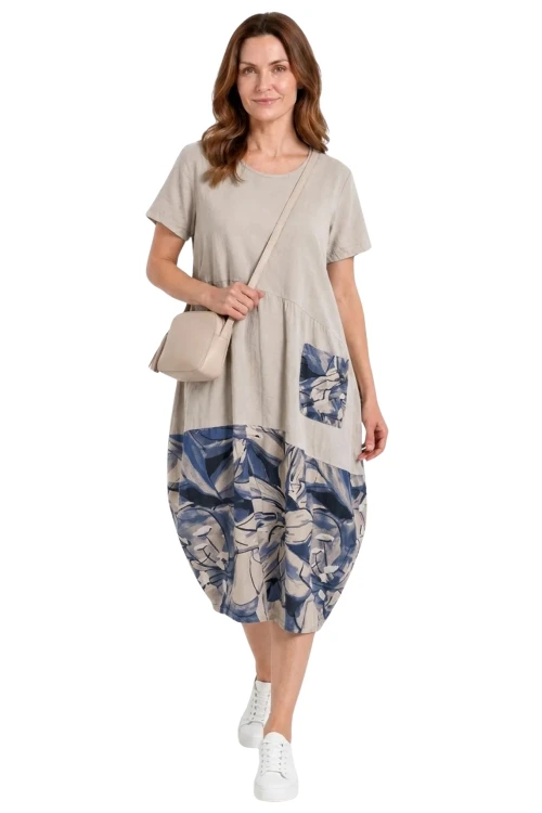 Sukienka damska beżowa bawełniana w kwiaty oversize Made in Italy
