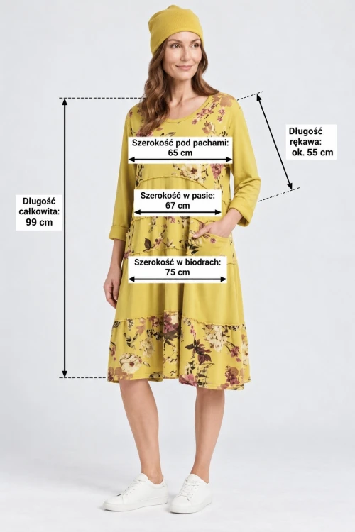 Sukienka damska żółta w kwiaty oversize bawełniana Uni Italy