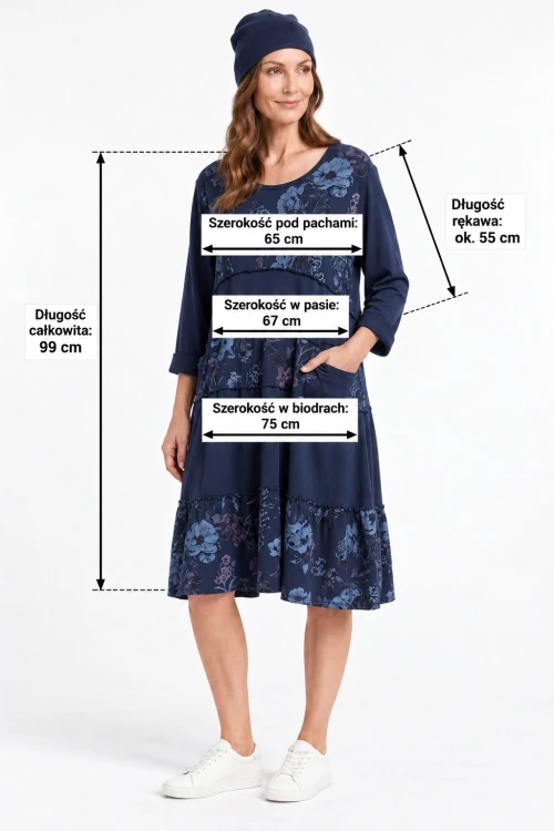Sukienka damska granatowa w kwiaty oversize bawełniana Uni Italy
