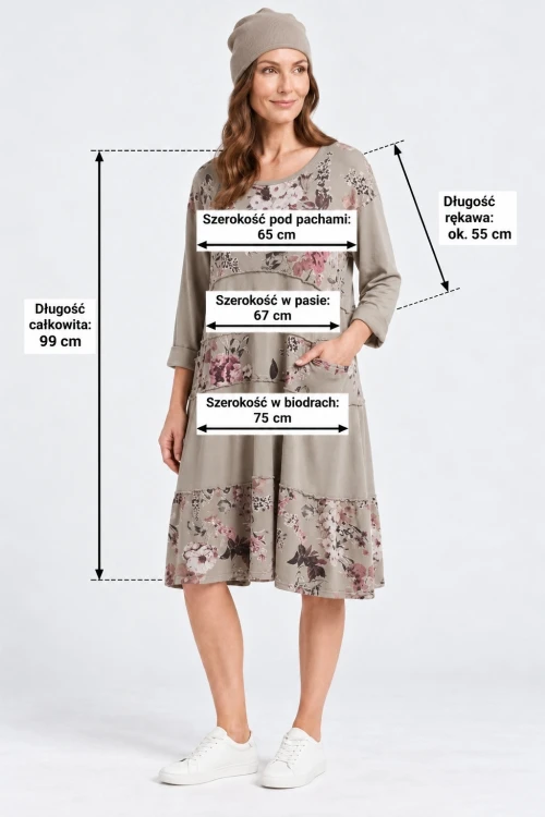 Sukienka damska szara w kwiaty oversize bawełniana Uni Italy
