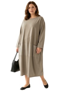 Sukienka damska chłodny beż OVERSIZE PLUS SIZE długa luźna bawełna kieszenie Italy