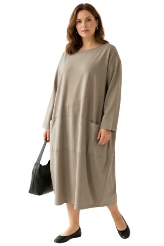 Sukienka damska chłodny beż OVERSIZE PLUS SIZE długa luźna bawełna kieszenie Italy