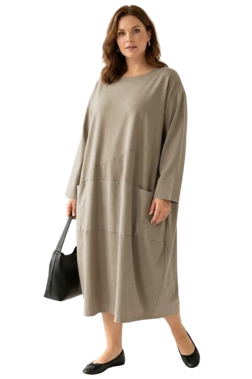 Sukienka damska chłodny beż OVERSIZE PLUS SIZE długa luźna bawełna kieszenie Italy