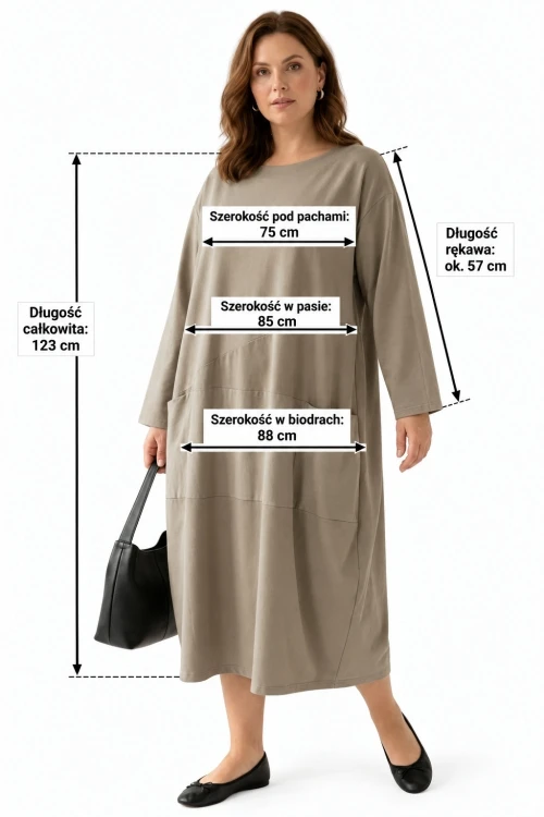 Sukienka damska chłodny beż OVERSIZE PLUS SIZE długa luźna bawełna kieszenie Italy