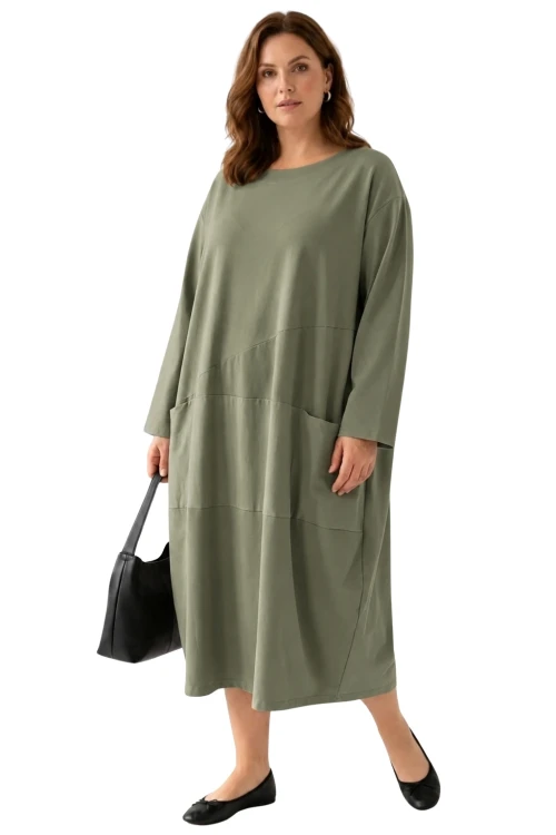 Sukienka damska zielona OVERSIZE PLUS SIZE długa luźna bawełna kieszenie Italy