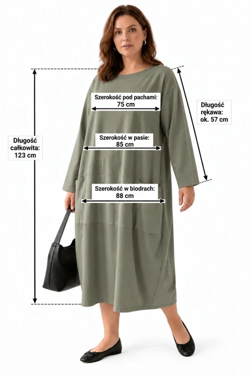 Sukienka damska zielona OVERSIZE PLUS SIZE długa luźna bawełna kieszenie Italy