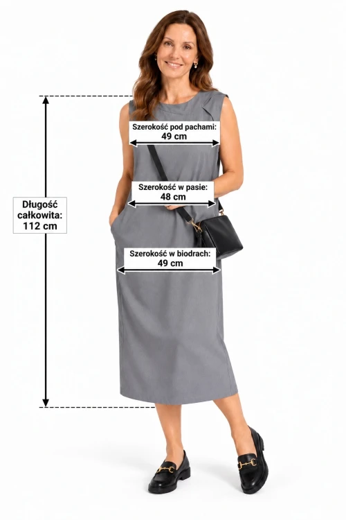 Sukienka damska szara midi elegancka bez rękawów prosta S/M