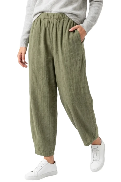 Spodnie damskie khaki w delikatne prążki baloon luźny krój bawełna Made in Italy