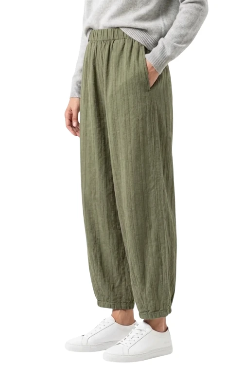 Spodnie damskie khaki w delikatne prążki baloon luźny krój bawełna Made in Italy