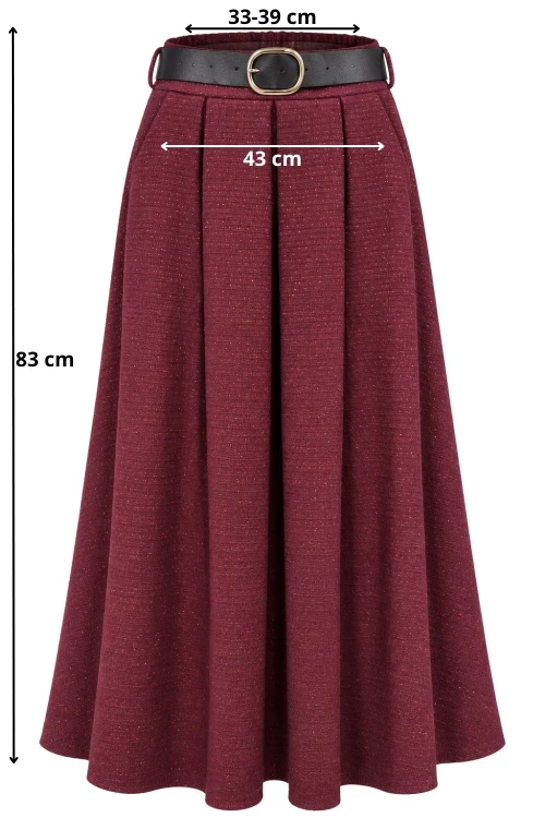 Spódnica damska bordowa midi rozkloszowana z połyskiem elegancka Italy