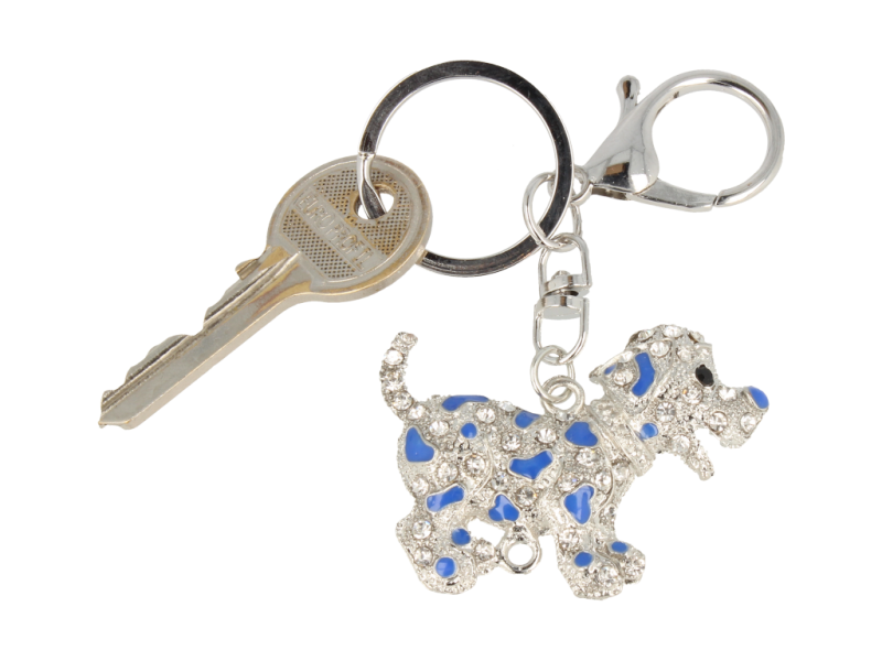 Brelok srebrny - zawieszka Piesek z granatowymi łatkami