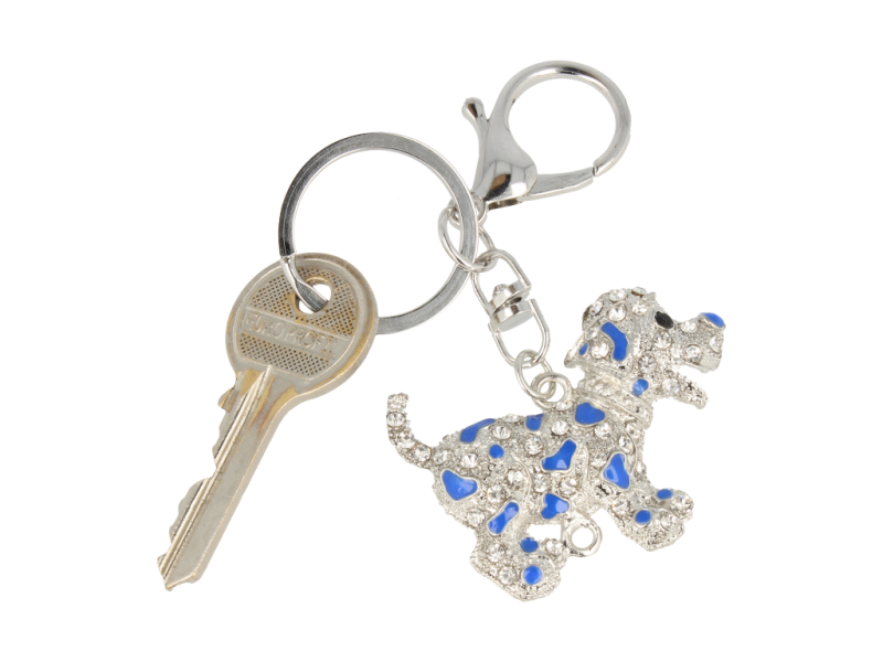 Brelok srebrny - zawieszka Piesek z granatowymi łatkami