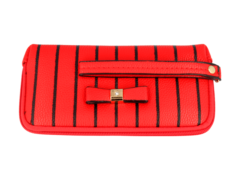 Damski portfel listonoszka w kolorze czerwonym z czarnymi pionowymi paskami