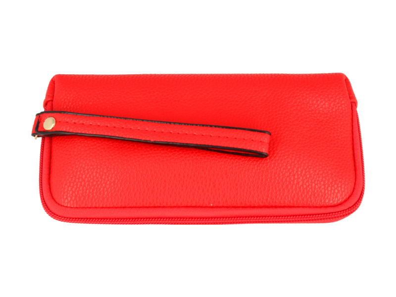 Damski portfel listonoszka w kolorze czerwonym z czarnymi pionowymi paskami