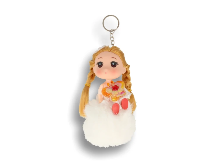 Brelok biały pompon z głową lalki z warkoczami