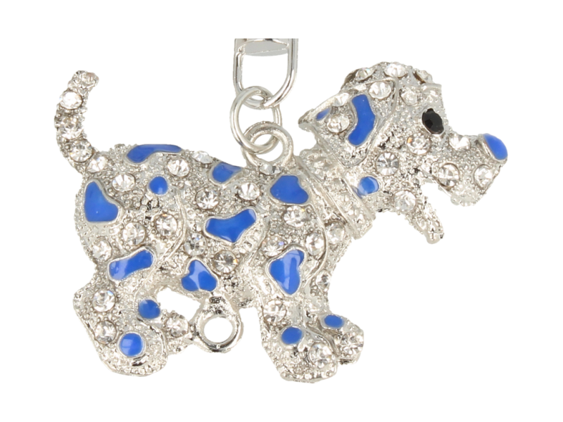 Brelok srebrny - zawieszka Piesek z granatowymi łatkami