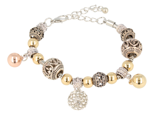 BRANSOLETKA srebrno złota z kulką Shamballa i innymi zawieszkami