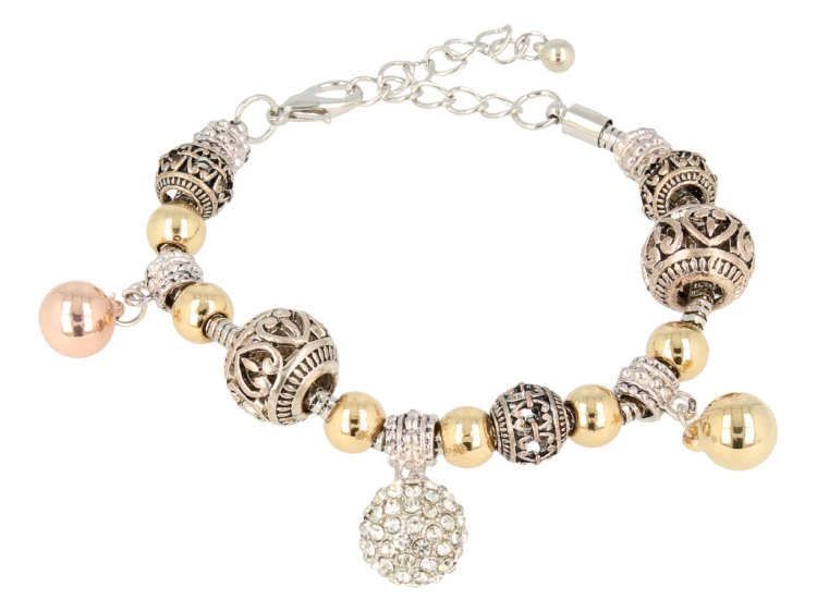 BRANSOLETKA srebrno złota z kulką Shamballa i innymi zawieszkami