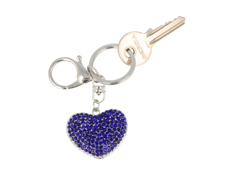 Brelok srebrny z zawieszką w kształcie serca z granatowymi cyrkoniami